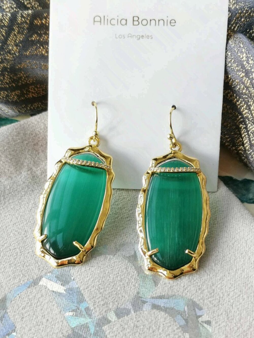 Alicia Bonnie Charlotte Gold Green Cat's Eye Earrings NEW